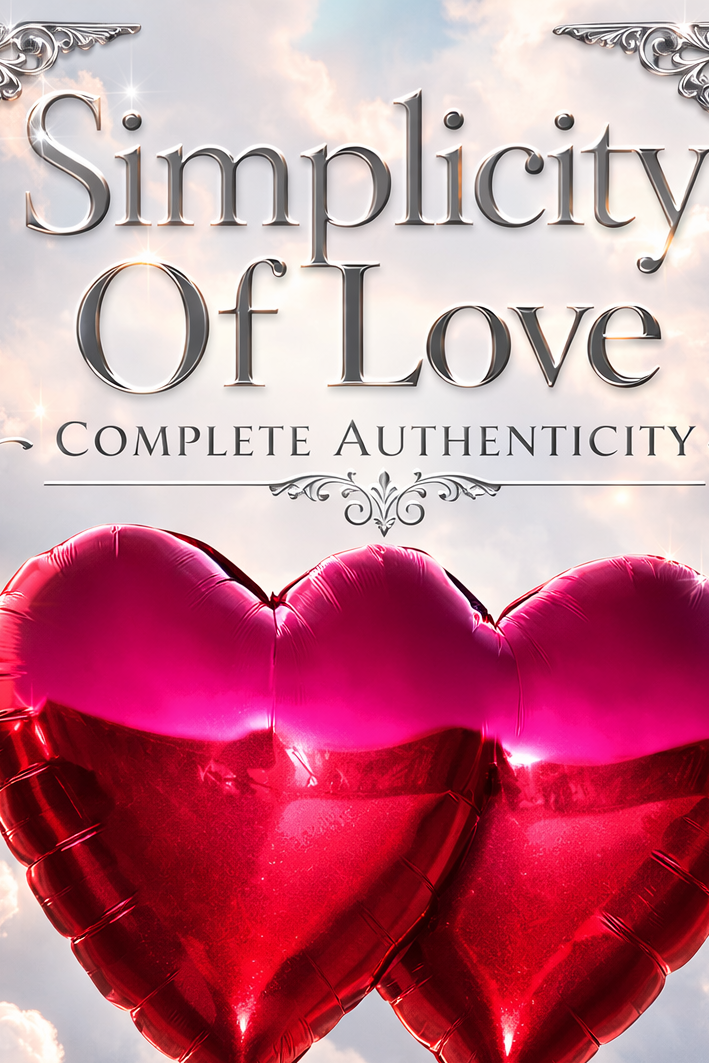 Title: Simplicity Of Love 
Two heart-shaped balloons with decorative text and border on a cloudy sky background